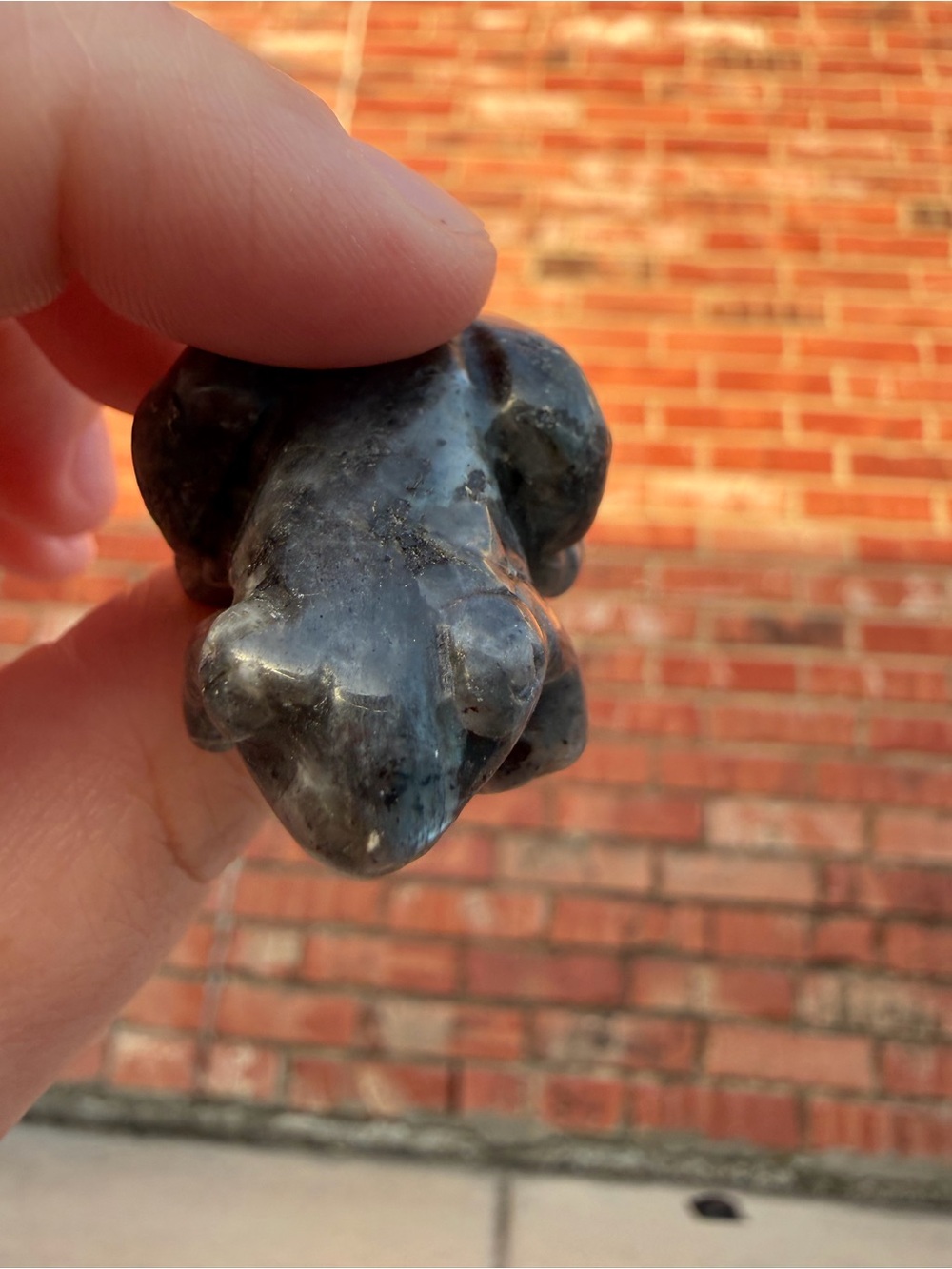 Polished Dark Gray Larvakite Stone Frog Carving
